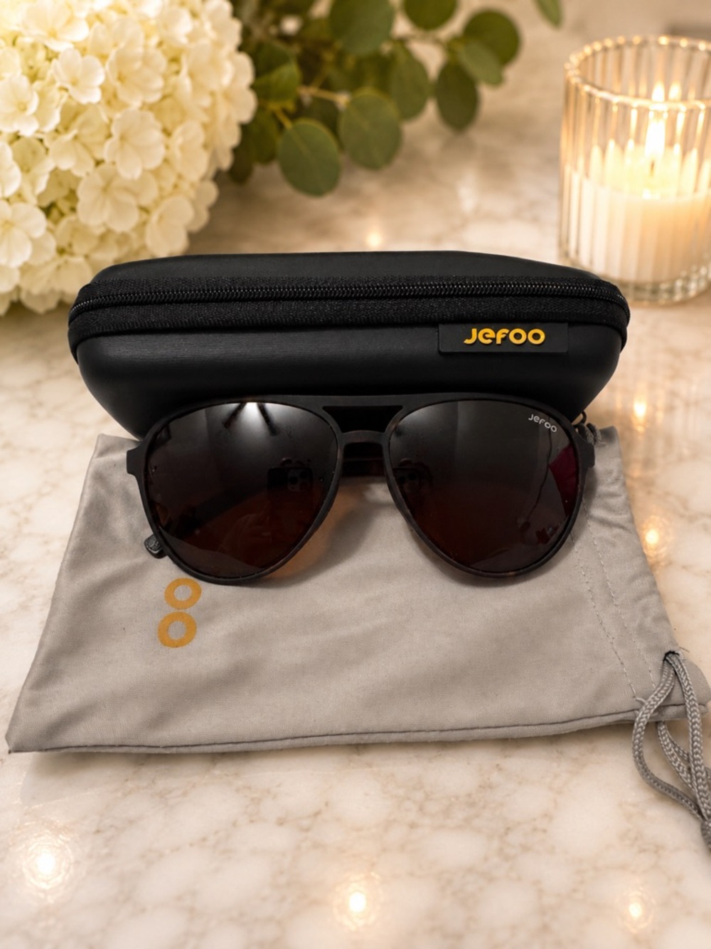 Jefoo Aviator Sunglasses Brown Lenses Tortoise Arms w/ Case & Pouch